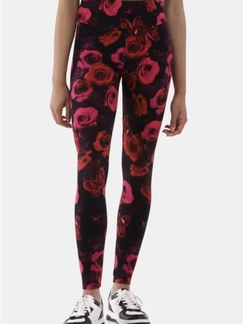 No Boundaries Sueded Black Leggings with Pink & Red Rose Print 1X NWOT